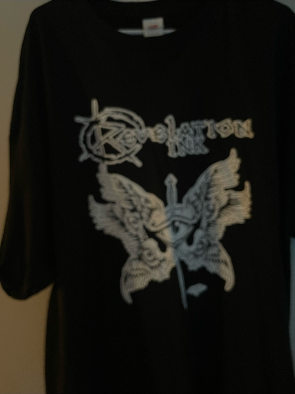 Hanes Black Short-Sleeve Tee with White Angel Wings & Sword Graphic